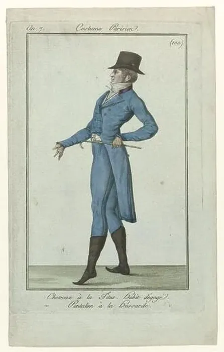 Framed Print : Haircut à la Titus. Habit Dégage vest and long pants or trousers à la hussarde. Accessories: hat, gloves, small cane, boots with pointed noses Framed Print : Haircut à la Titus. Habit Dégage vest and long pants or trousers à la hussarde. Accessories: hat, gloves, small cane, boots with pointed noses