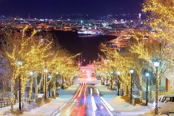 Hakodate, Hokkaido, Japan on Hachiman-zaka slope with holiday lighting at night