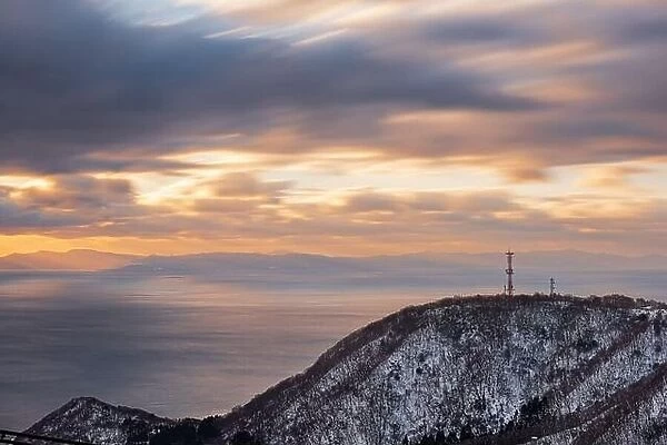 Hakodate, Hokkaido, Japan with a view of Hakodate bay on a winter morning
