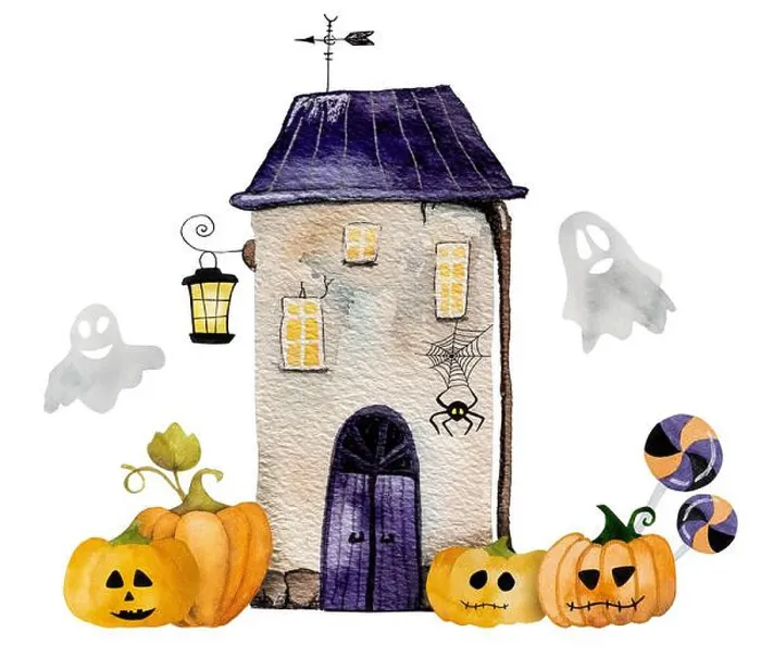 Framed Print : Halloween art watercolor illustration with ghost house and pumpkin for postcard decoration Framed Print : Halloween art watercolor illustration with ghost house and pumpkin for postcard decoration