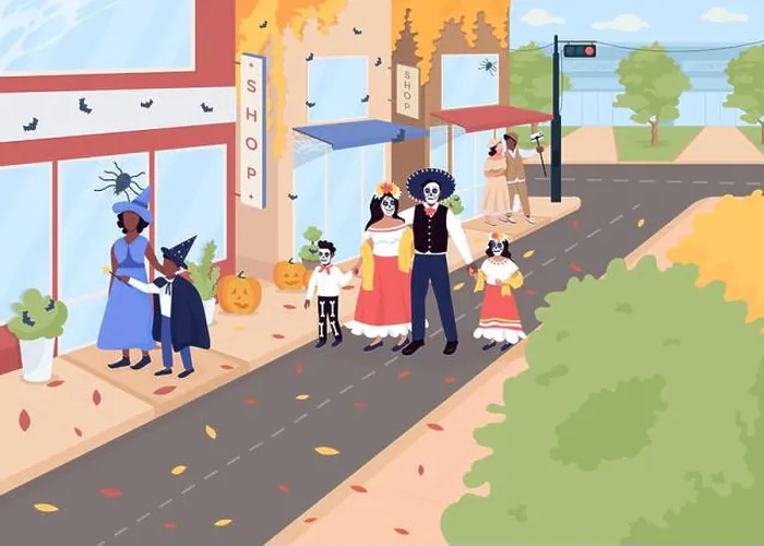 Framed Print : Halloween celebration on street flat color vector illustration Framed Print : Halloween celebration on street flat color vector illustration