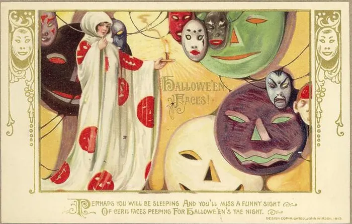 Framed Print : Hallowe'en faces, 1913. Vintage Archive Halloween Postcard, circa 1910s Framed Print : Hallowe'en faces, 1913. Vintage Archive Halloween Postcard, circa 1910s