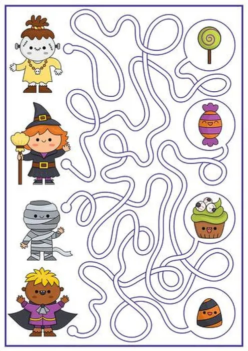 Framed Print : Halloween maze for kids. Autumn holiday preschool printable activity with cute kawaii children and sweets Framed Print : Halloween maze for kids. Autumn holiday preschool printable activity with cute kawaii children and sweets