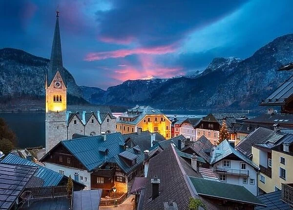 Hallstatt, Austria. Cityscape image of the famous alpine village Hallstatt, Austria during twilight blue hour