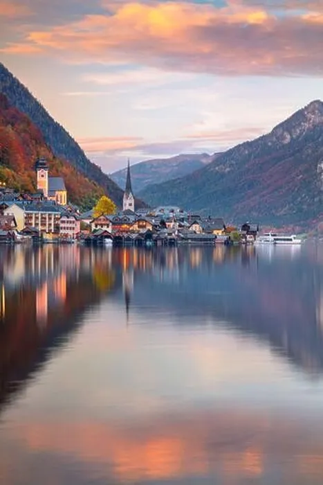 Framed Print : Hallstatt, Austria. Cityscape image of iconic alpine village Hallstatt at dramatic autumn sunset