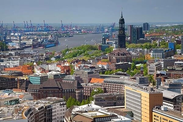 Hamburg. Aerial image of Hamburg with the St. Michael church and harbour