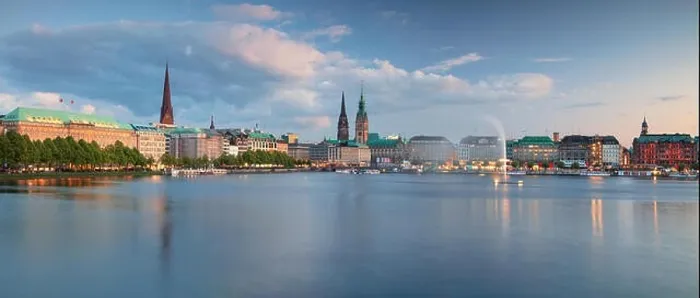 Framed Print : Hamburg, Germany. Panoramic cityscape image of Hamburg skyline during sunset