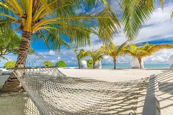 Hammock between two coconut trees on a tropical island with beautiful beach. Luxury summer travel beach sand with palm trees, sunny paradise landscape