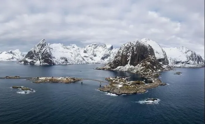 Framed Print : Hamnoy Fishing Village, Festhelltinden and Olstinden Mountain in Winter. Lofoten Islands, Norway. Aerial Panoramic View Framed Print : Hamnoy Fishing Village, Festhelltinden and Olstinden Mountain in Winter. Lofoten Islands, Norway. Aerial Panoramic View