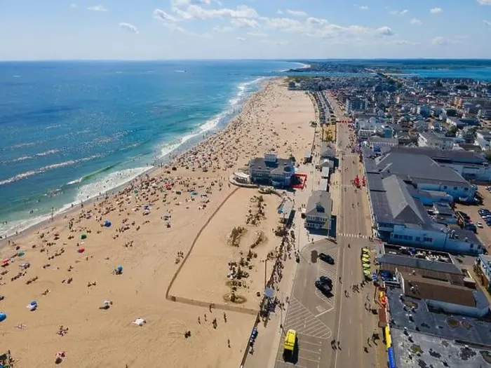 Framed Print : Hampton Beach aerial view including historic waterfront buildings on Ocean Boulevard and Hampton Beach State Park Framed Print : Hampton Beach aerial view including historic waterfront buildings on Ocean Boulevard and Hampton Beach State Park