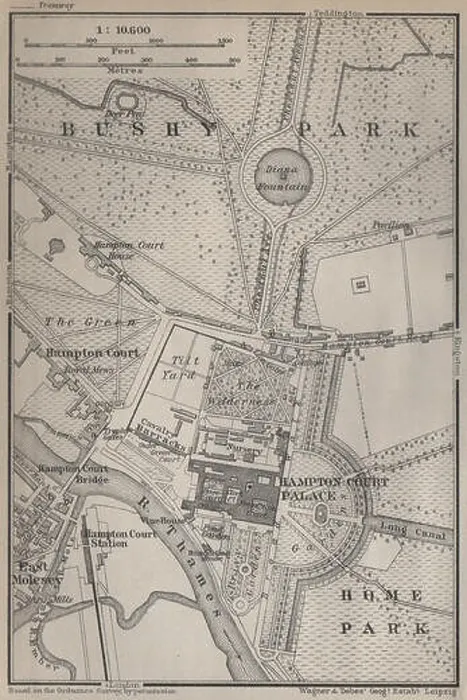 Framed Print : HAMPTON COURT PALACE & BUSHY PARK. East Molesey. London. BAEDEKER, 1930 map Framed Print : HAMPTON COURT PALACE & BUSHY PARK. East Molesey. London. BAEDEKER, 1930 map