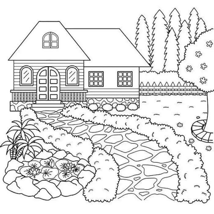 Framed Print : Hand drawn beautiful house and garden for design element and coloring book page. Vector illustration Framed Print : Hand drawn beautiful house and garden for design element and coloring book page. Vector illustration