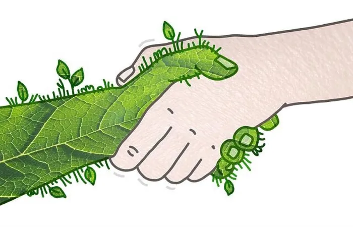 Framed Print : Hand drawn Human and green Nature shaking Hands - collage Framed Print : Hand drawn Human and green Nature shaking Hands - collage