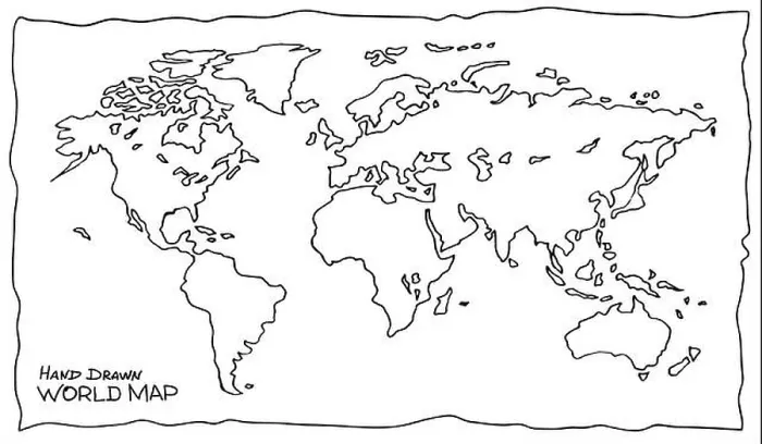 Framed Print : Hand drawn map of the world. Not exactly precision outline drawing of global map in black and white colors Framed Print : Hand drawn map of the world. Not exactly precision outline drawing of global map in black and white colors