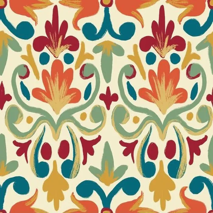Framed Print : Hand drawn seamless pattern of floral damsk with orange red flowers blue sage green leaves on beige background Framed Print : Hand drawn seamless pattern of floral damsk with orange red flowers blue sage green leaves on beige background