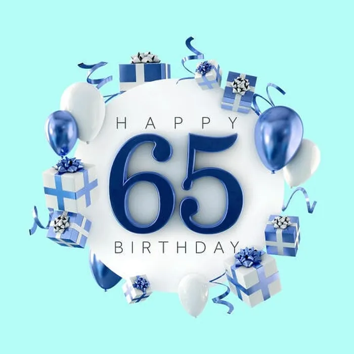 Framed Print : Happy 65th birthday party composition with balloons and presents. 3D Render Framed Print : Happy 65th birthday party composition with balloons and presents. 3D Render