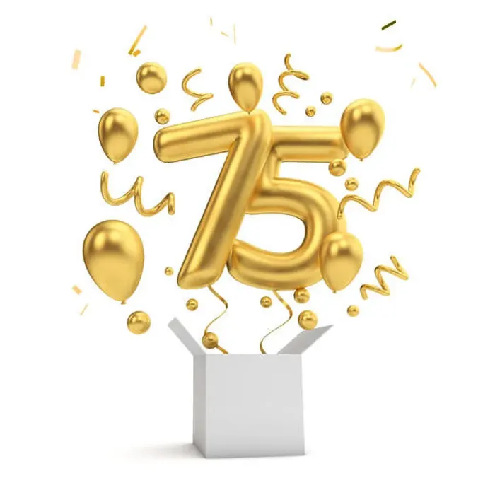 Framed Print : Happy 75th birthday gold surprise balloon and box. 3D Rendering Framed Print : Happy 75th birthday gold surprise balloon and box. 3D Rendering