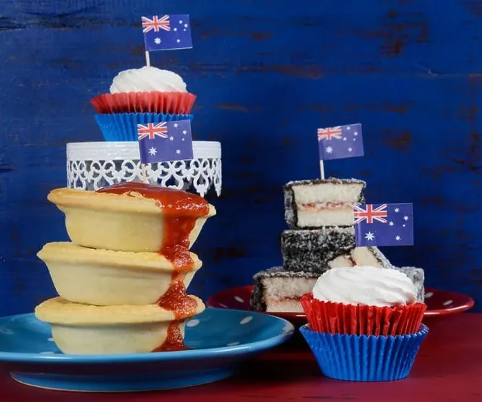 Framed Print : Happy Australia Day January 26 party food with iconic meat pies, lamingtons and cupcakes
