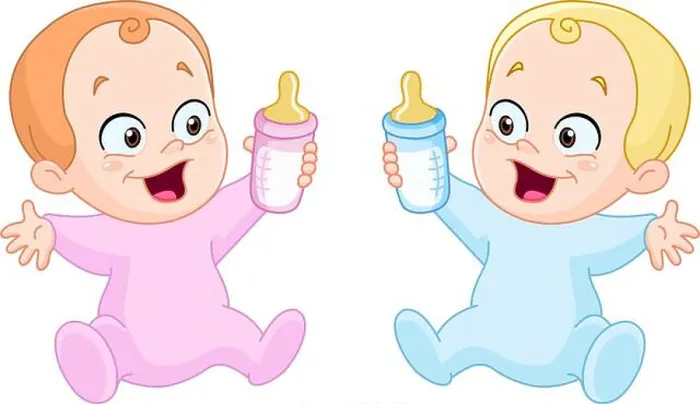 Framed Print : Happy baby girl and baby boy holding bottles Framed Print : Happy baby girl and baby boy holding bottles