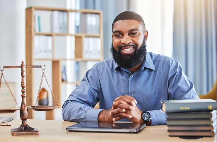 Framed Print : Happy black man, portrait and lawyer at desk for consulting Framed Print : Happy black man, portrait and lawyer at desk for consulting