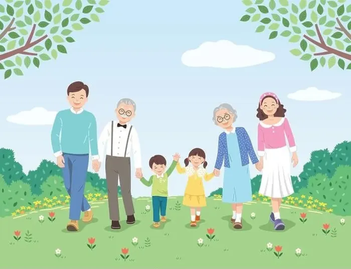 Framed Print : Happy family and nature background. Father, mother, grandfather, grandmother and children walk hand in hand together Framed Print : Happy family and nature background. Father, mother, grandfather, grandmother and children walk hand in hand together