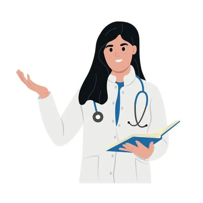 Framed Print : Happy female doctor is talking explaining something, gesturing with hand. A family doctor in a medical gown