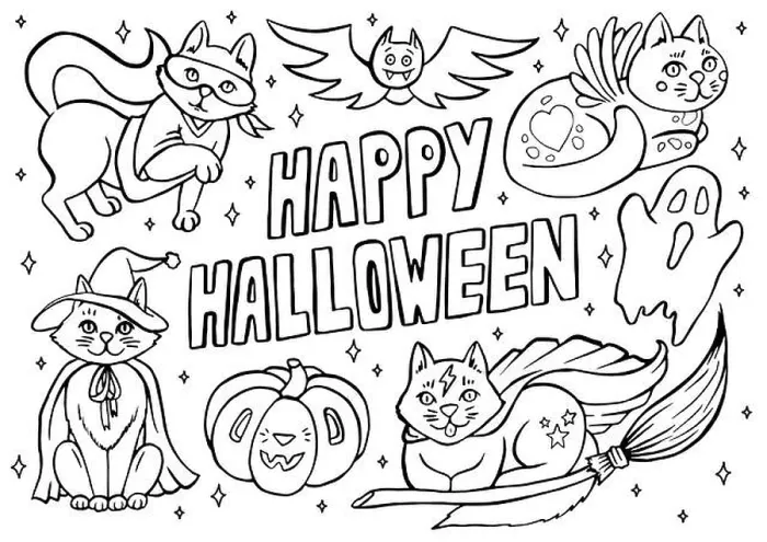 Framed Print : Happy Halloween coloring page with cats in costumes and spooky objects, hand drawn cute Halloween coloring sheet Framed Print : Happy Halloween coloring page with cats in costumes and spooky objects, hand drawn cute Halloween coloring sheet
