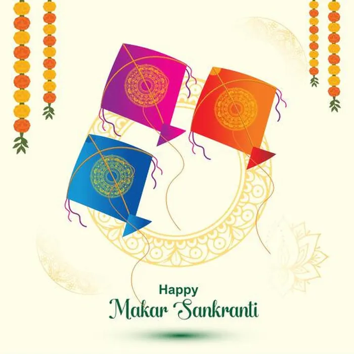 Framed Print : happy makar sankranti Three colorful kites with floral garlands and mandala designs flying