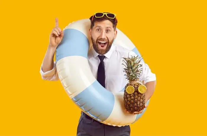 Framed Print : Happy man office wear, sun glasses with rubber inflatable ring, tropic fruit in summer holiday dream Framed Print : Happy man office wear, sun glasses with rubber inflatable ring, tropic fruit in summer holiday dream