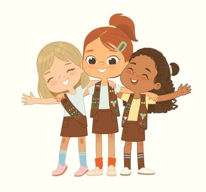 Framed Print : Happy multi ethnic multi aged Brownies girls scout hug Framed Print : Happy multi ethnic multi aged Brownies girls scout hug