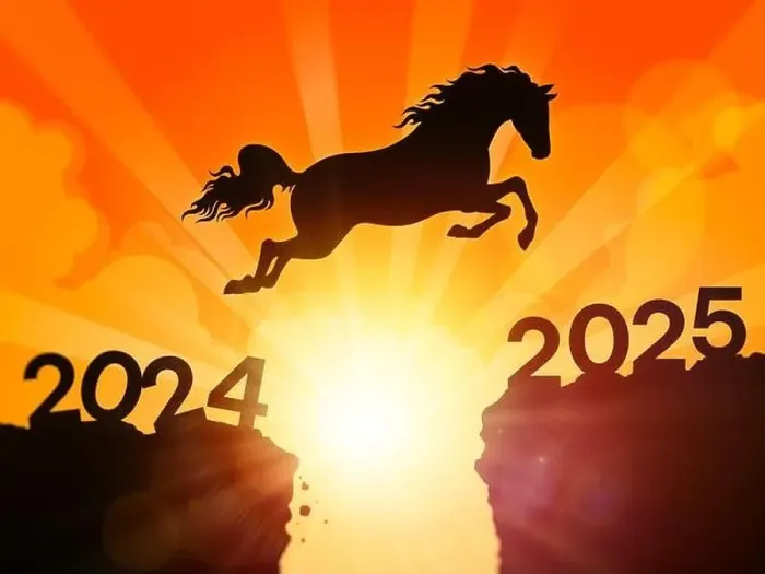 Framed Print : Happy New Year 2025 Horse. A horse is jumping from 2024 to 2025 Framed Print : Happy New Year 2025 Horse. A horse is jumping from 2024 to 2025