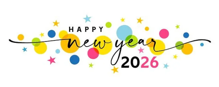 Framed Print : Happy new year 2026 greetings banner with swirl ribbon and colored stars Framed Print : Happy new year 2026 greetings banner with swirl ribbon and colored stars