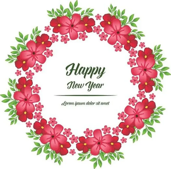 Framed Print : Happy new year greeting card template, with drawing of green leaf flower frame elegant. Vector Framed Print : Happy new year greeting card template, with drawing of green leaf flower frame elegant. Vector