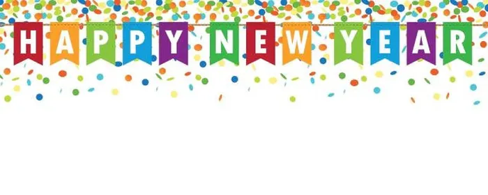 Framed Print : happy new year party flags banner with confetti rain on white background vector illustration EPS10