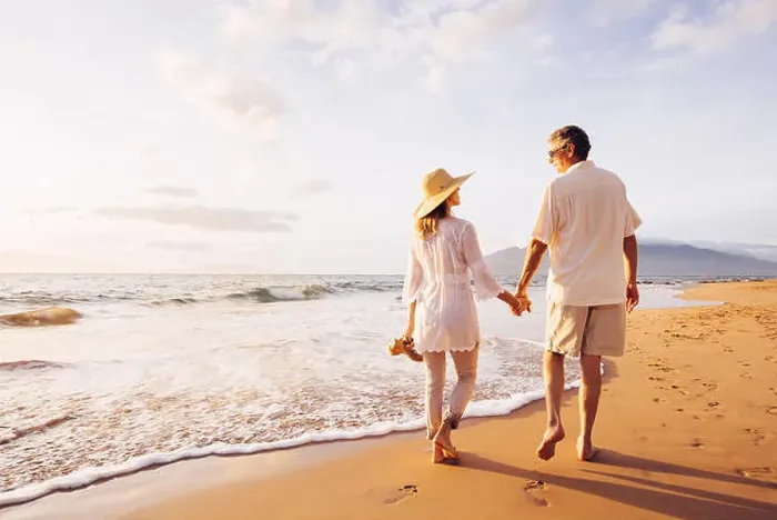 Framed Print : Happy Romantic Middle Aged Couple Enjoying Beautiful Sunset Walk on the Beach