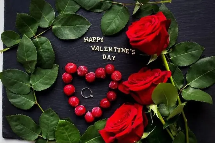 Framed Print : Happy Valentine inscription, cherries in a heart with red roses, rings, close-up Framed Print : Happy Valentine inscription, cherries in a heart with red roses, rings, close-up