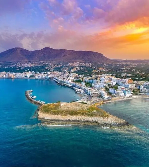 Framed Print : The harbor of the famous resort Chersonissos at sunset, Crete, Greece Framed Print : The harbor of the famous resort Chersonissos at sunset, Crete, Greece
