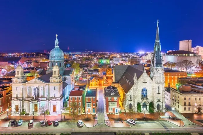Framed Print : Harrisburg, Pennsylvania, USA nighttime cityscape with historic churches Framed Print : Harrisburg, Pennsylvania, USA nighttime cityscape with historic churches