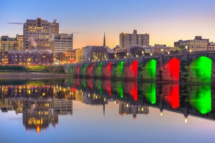 Framed Print : Harrisburg, Pennsylvania, USA skyline on the Susquehanna River with holiday lighting Framed Print : Harrisburg, Pennsylvania, USA skyline on the Susquehanna River with holiday lighting