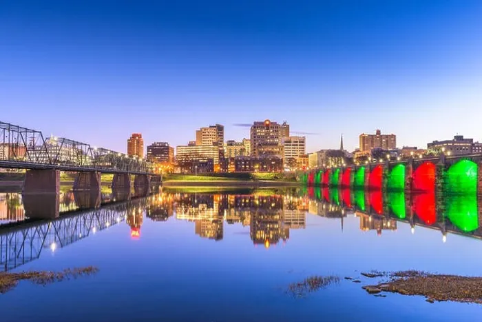 Framed Print : Harrisburg, Pennsylvania, USA skyline on the Susquehanna River at night