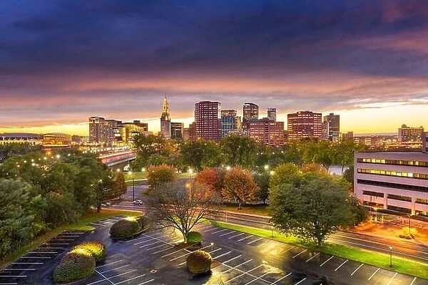 Hartford, Connecticut, USA downtown skyline at dusk in early autumn