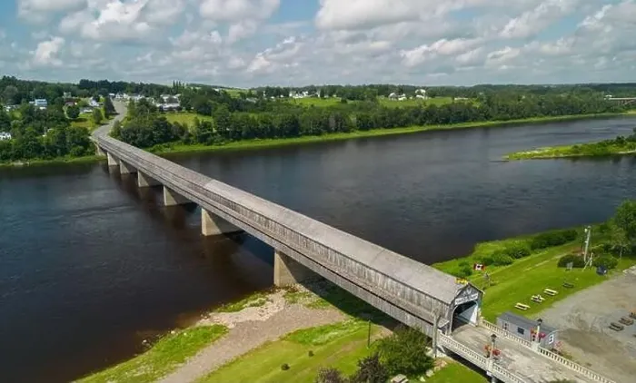 Framed Print : Hartland Covered Bridge in Hartland, New Brunswick, the world's longest covered bridge, aerial view Framed Print : Hartland Covered Bridge in Hartland, New Brunswick, the world's longest covered bridge, aerial view
