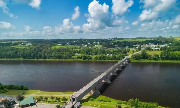 Framed Print : Hartland Covered Bridge in Hartland, New Brunswick, the world's longest covered bridge, aerial view Framed Print : Hartland Covered Bridge in Hartland, New Brunswick, the world's longest covered bridge, aerial view