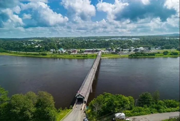 Framed Print : Hartland Covered Bridge in Hartland, New Brunswick, the world's longest covered bridge, aerial view Framed Print : Hartland Covered Bridge in Hartland, New Brunswick, the world's longest covered bridge, aerial view