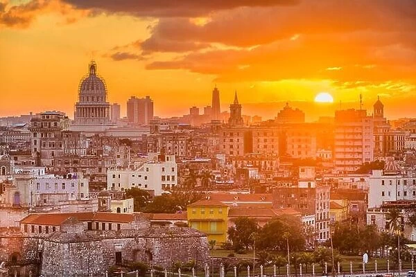 Havana, Cuba downtown skyline with the capitolio at sunset