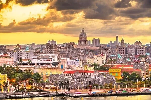 Havana, Cuba downtown skyline over the Malecon waterfront at dusk