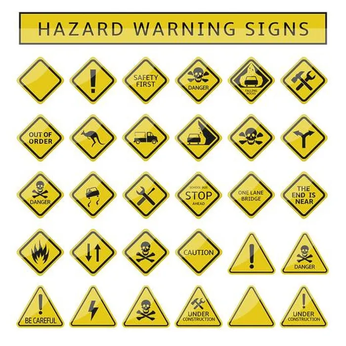 Framed Print : Hazard warning signs. Yellow warning symbol set, caution danger signs Framed Print : Hazard warning signs. Yellow warning symbol set, caution danger signs