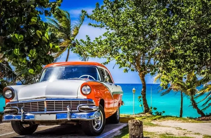 Framed Print : HDR - Parked american white orange Ford Fairlane vintage car in the front view on the beach in Varadero Cuba - Serie Framed Print : HDR - Parked american white orange Ford Fairlane vintage car in the front view on the beach in Varadero Cuba - Serie