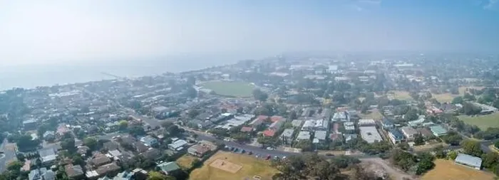 Framed Print : Heavy smoke haze covering suburbs in Victoria, Australia - aerial panorama of Frankston Framed Print : Heavy smoke haze covering suburbs in Victoria, Australia - aerial panorama of Frankston