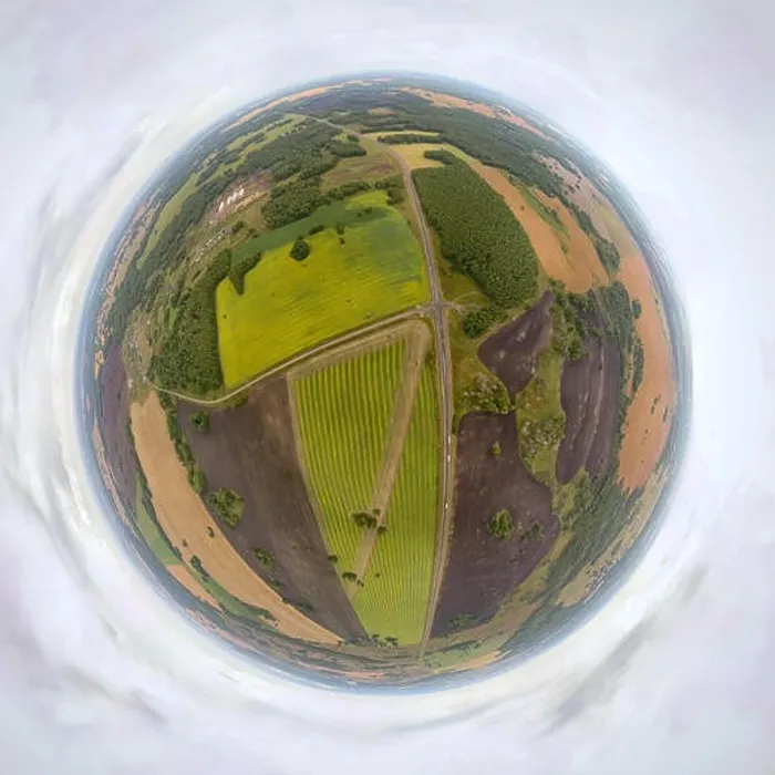 Framed Print : Helicopter drone shot. Aerial photography of a green field, roan and forest. Panoramic city 360 shot from above Framed Print : Helicopter drone shot. Aerial photography of a green field, roan and forest. Panoramic city 360 shot from above